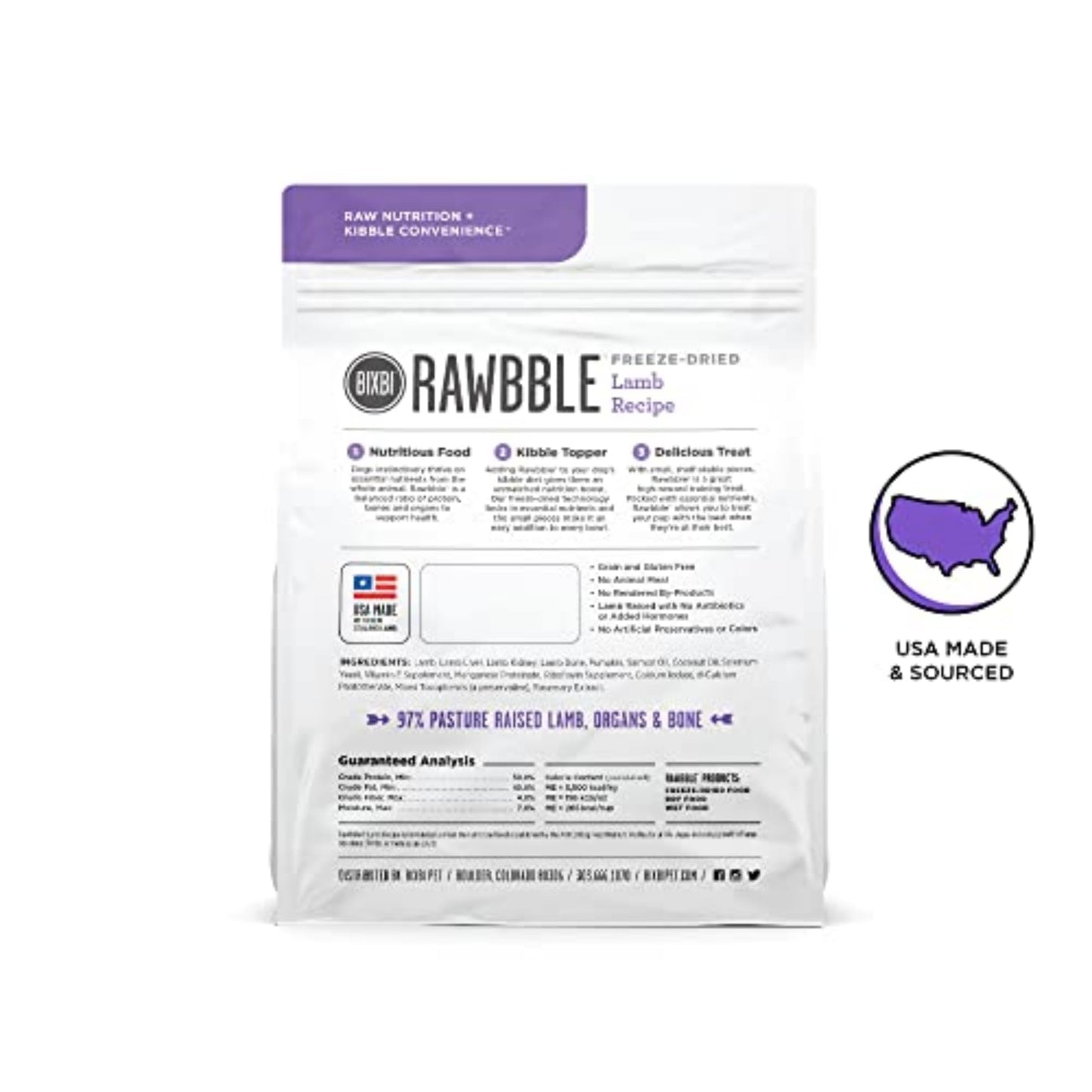 BIXBI Rawbble Freeze Dried Dog Food, Lamb Recipe, 4.5 oz - 97% Meat and Organs, No Fillers - Pantry-Friendly Raw Dog Food for Meal, Treat or Food Topper - USA Made in Small Batches