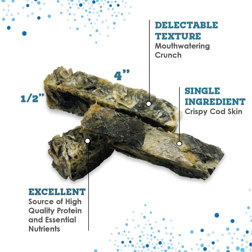 Simply Wild Cod Skins Alaskan Cod Fish Training Treats for Dogs-Dehydrated Fish, All Natural Human Grade Skins - Low Fat Treat Sustainably Sourced in USA (6.6 Oz)