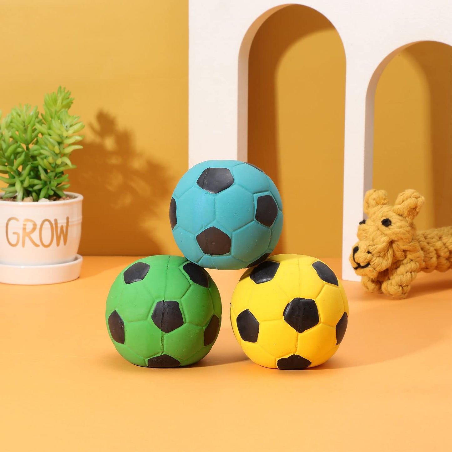 Sumind 9 Pcs Latex Squeaky Dog Toys Soccer Ball Interactive Fetch Toys Soft Football Puppy Chew Balls for Small Medium and Large Dogs(Yellow, Blue, Green)