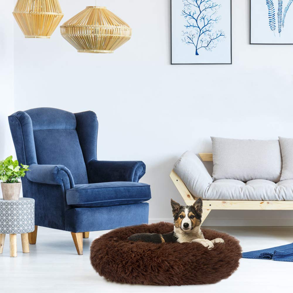 SlowTon Calming Dog Bed for Small Dogs Cats, Donut Cuddler Cozy Warm Anti-Anxiety Dog Cat Cushion Mat, Ultra Soft Fluffy Plush Round Pet Pillow Non-Slip Bottom Machine Washable(Coffee,X-Small 20")