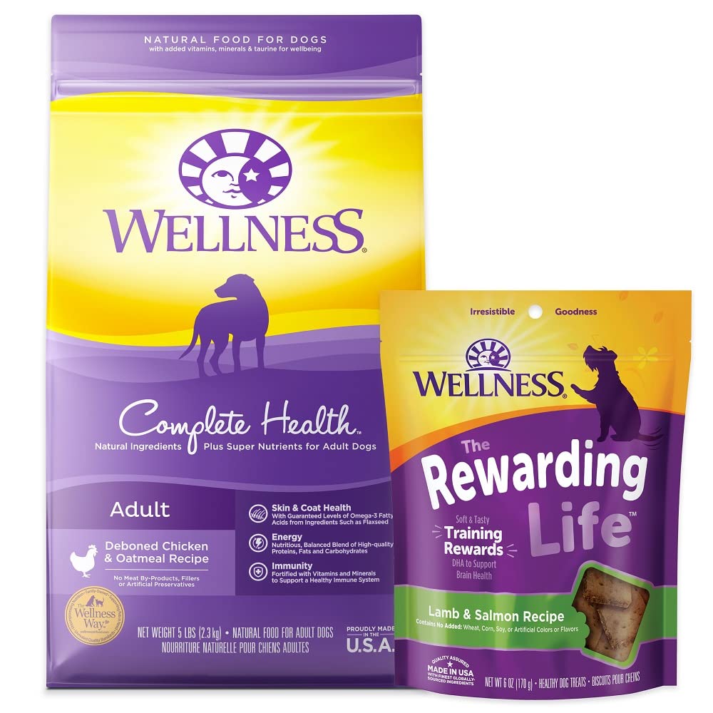 Wellness Dog Food and Treats Trial Bundle: Complete Health Dry Food, Chicken 5lb & Rewarding Life Soft Treats, Lamb and Salmon
