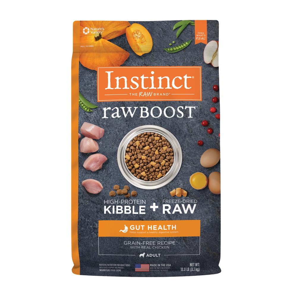 Instinct Raw Boost Gut Health, Natural Dry Dog Food with Freeze Dried Pieces, Grain Free Recipe - Real Chicken, 18 lb. Bag