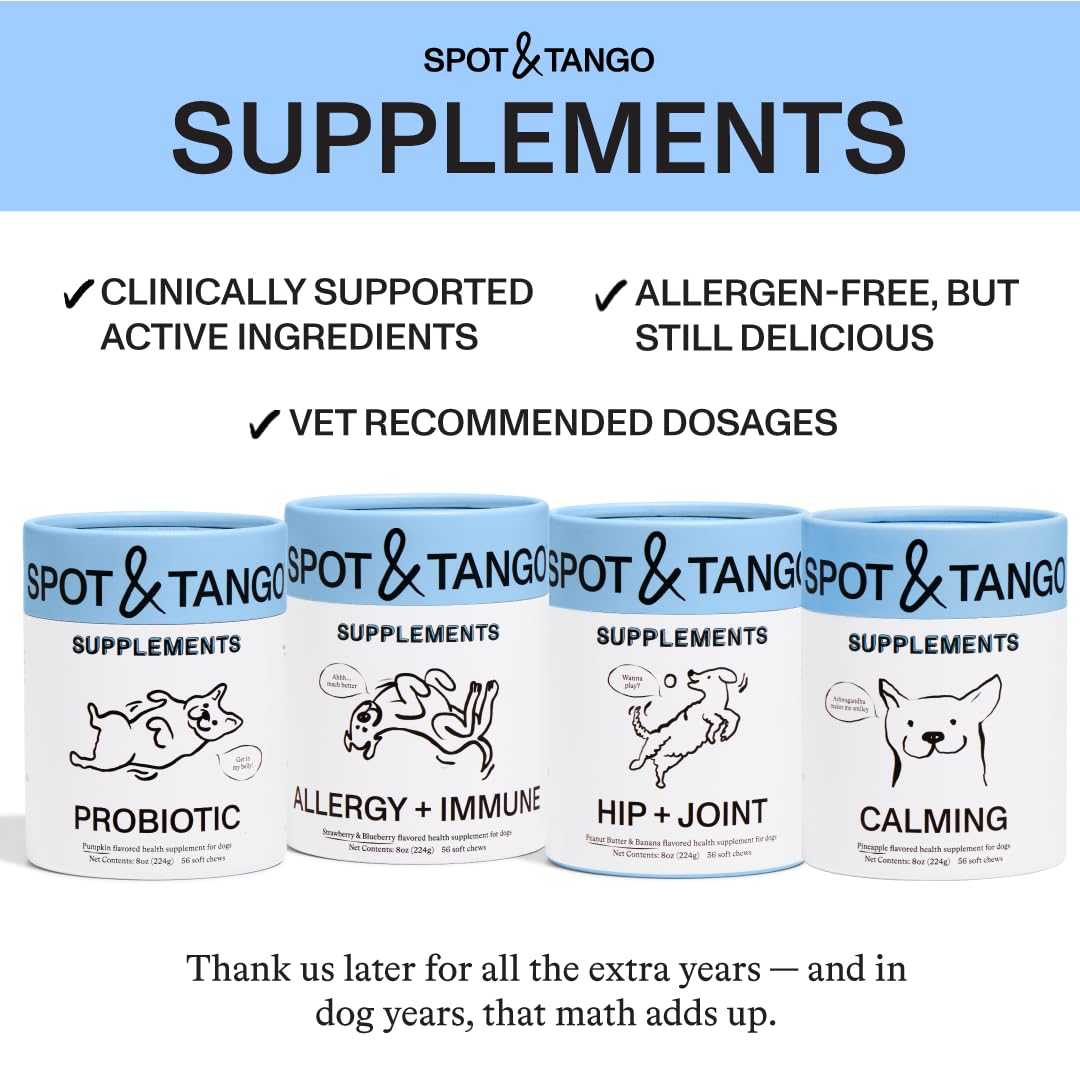 Spot & Tango Probiotics Supplements for Dogs - Vet-Approved for Healthy Digestion and Balanced Gut - Pumpkin, Turmeric, Chicory Root, Black Pepper, Nine-Strain Probiotic Blend, 56 Count