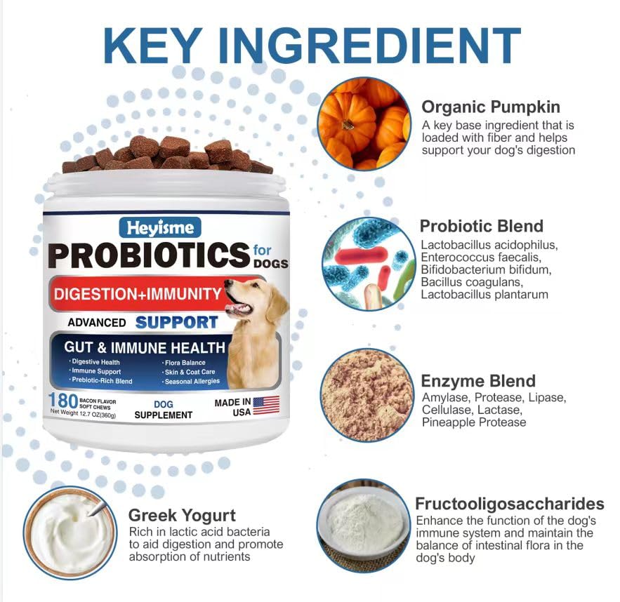HEYISME Probiotics for Dogs, Improve Yeast Balance, Itchy Skin Itchy Ears, Gut Health, Allergies, Immunity, Dog Probiotics and Digestive Enzymes with Prebiotics - Reduce Diarrhea (180 Chews, Bacon)