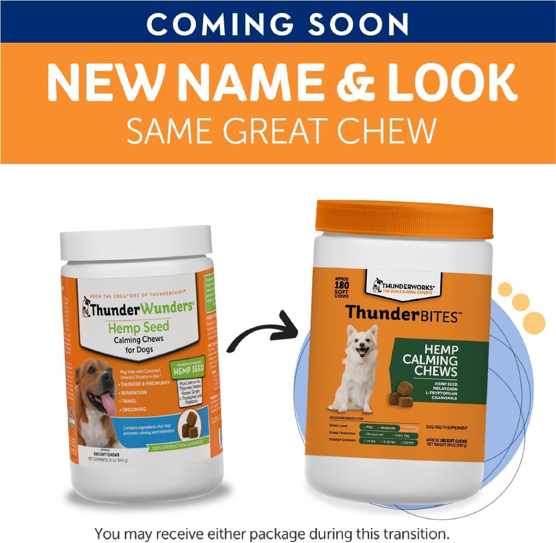 ThunderWunders Hemp Dog Calming Chews | Vet Recommended for Situational Anxiety | Fireworks, Thunderstorms, Travel & More | Made with Hemp Seed, Thiamine, L-Tryptophan, Melatonin & Ginger (180 Count)