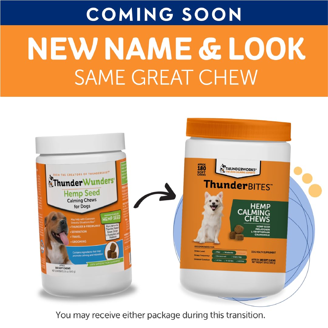 ThunderWunders Hemp Dog Calming Chews | Vet Recommended for Situational Anxiety | Fireworks, Thunderstorms, Travel & More | Made with Hemp Seed, Thiamine, L-Tryptophan, Melatonin & Ginger (180 Count)