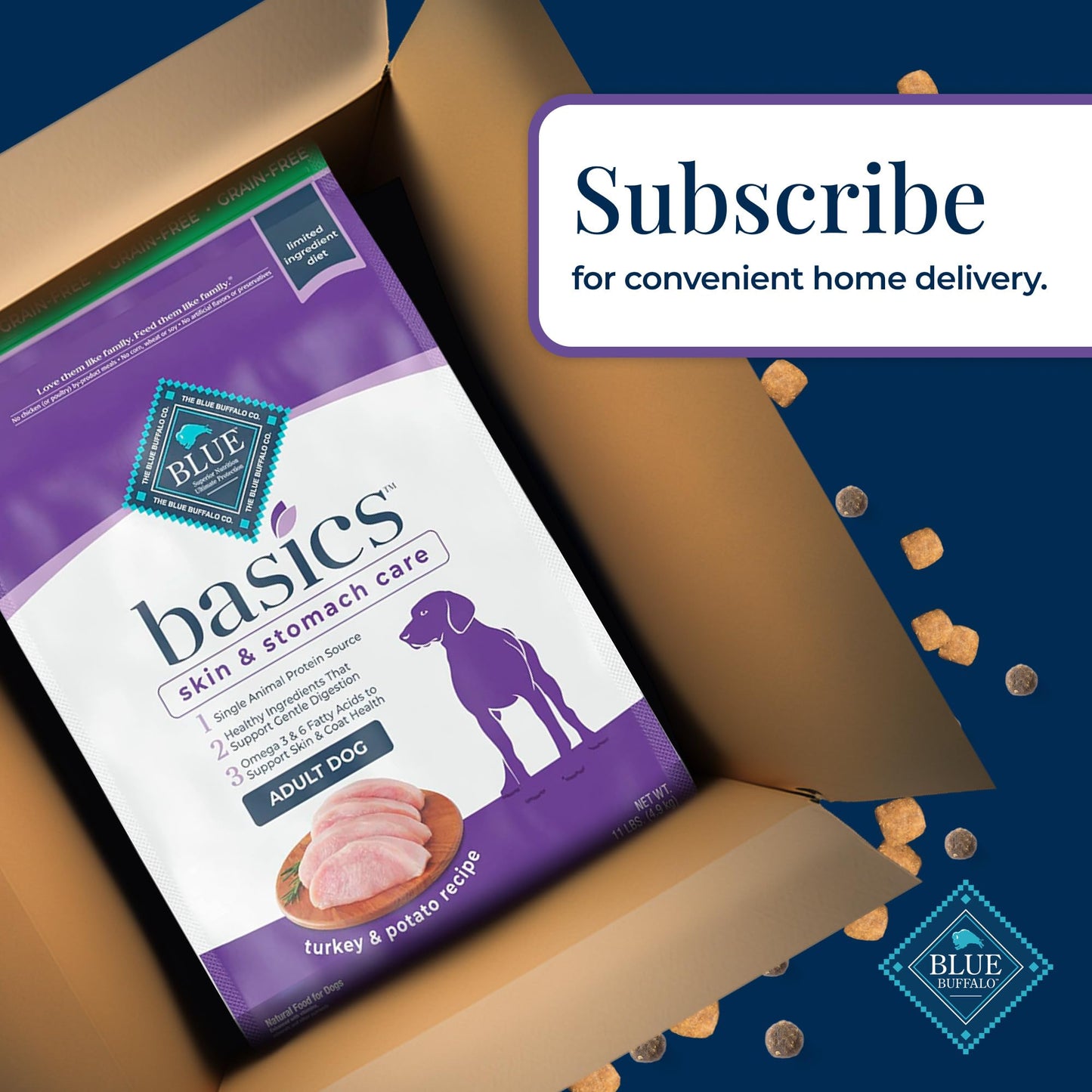Blue Buffalo Basics Adult Grain-Free Dry Dog Food for Skin & Stomach Care, Limited Ingredient Diet, Made in the USA with Natural Ingredients, Turkey & Potato Recipe, 11-lb. Bag