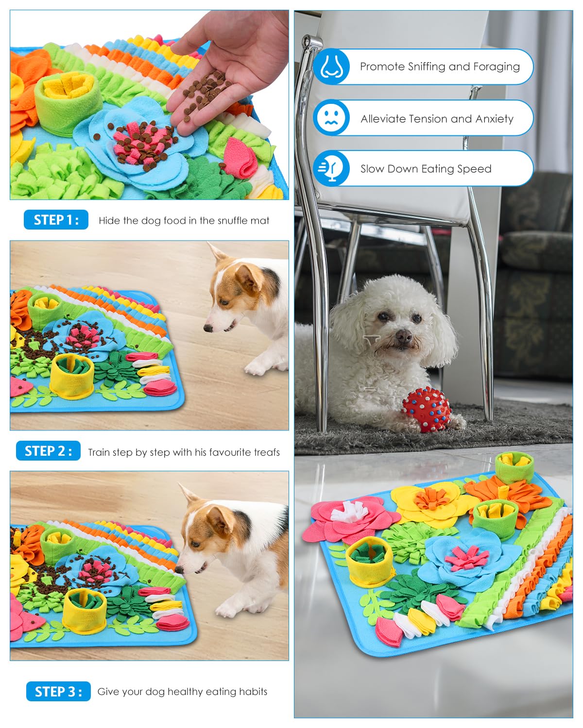 AMIR Snuffle Mat for Dogs, Sniff Mat Slow Feeding, Encourages Natural Foraging Skills, Slow Eating, Help Stress Relief and Training, Large Snuffle Mat, Dog Puzzle Toys, 20 inch