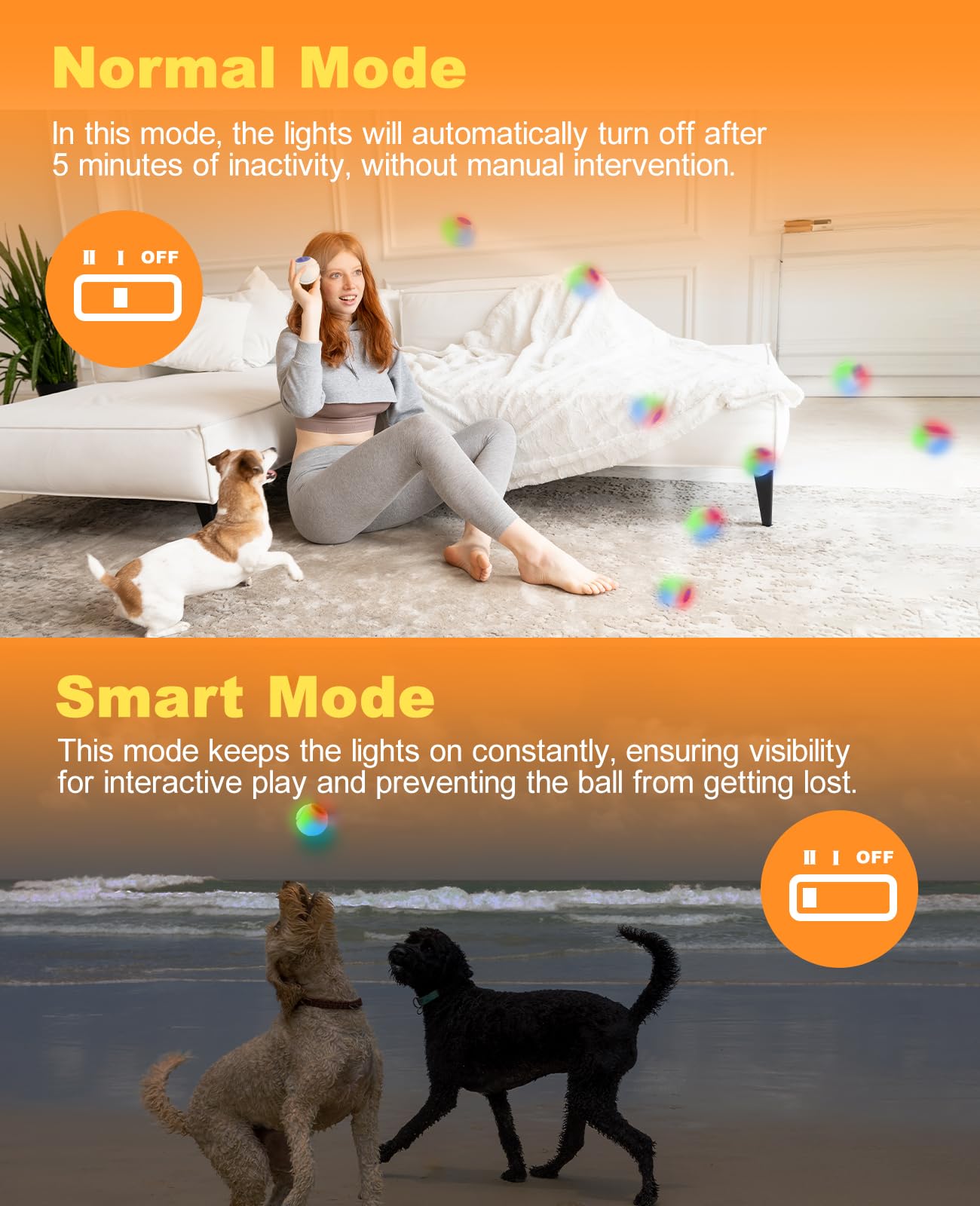 Xeuch Light Up Dog Balls, LED Dog Toy Ball Rechargeable, Bounce-Activated Durable Fetch Ball Grow in The Dark, Night Glowing Toy, Natural Rubber, Color Changing LED, 2.5 inches-Orange