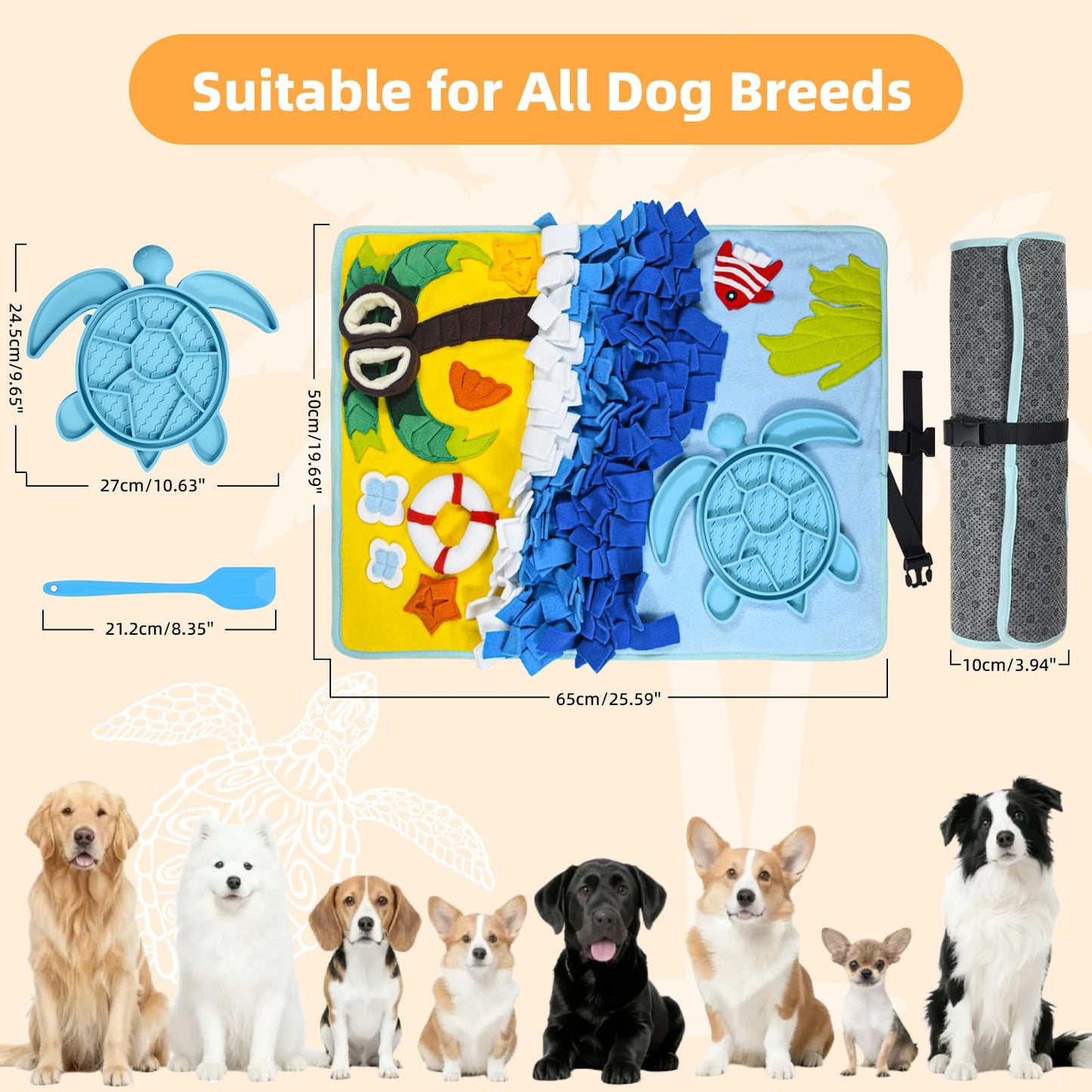 Dog Snuffle Mat for Dogs Large Breed with Turtle Lick Mat, Interactive Dog Toys Puzzle Enrichment Food Toys, Dogs Feeding Sniffing Mat, Ideal for Pets to Reduce Boredom Slow Eating (2-in-1)