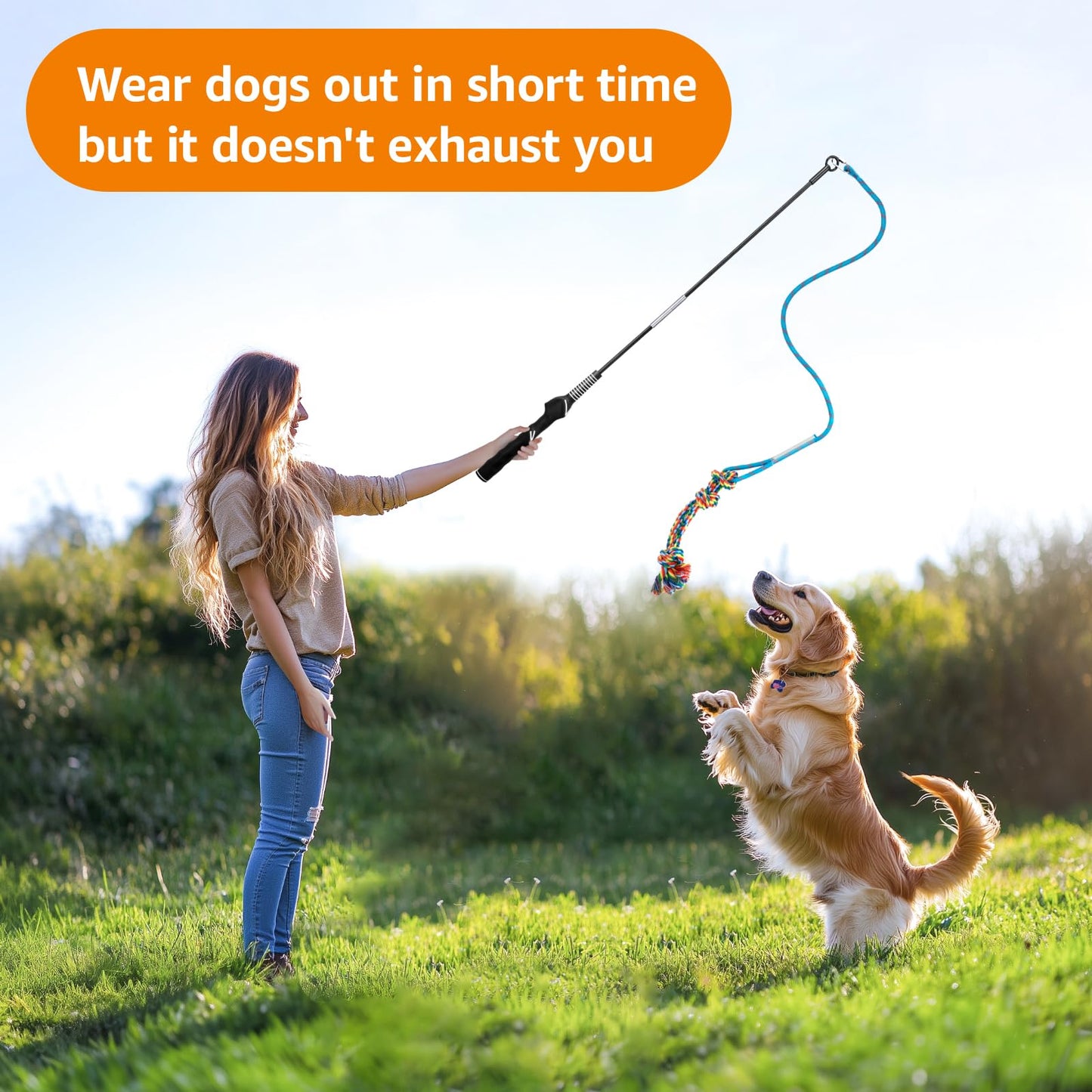 LOOBANI Flirt Pole for Dogs Tug of War Rope Toy Interactive Dog Toys Enrichment for Medium Small Dogs Heavy Duty Replacement Toys Chewing for Outdoor Exercise & Training