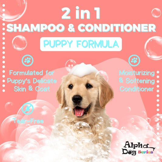 Alpha Dog Series Natural Puppy Shampoo and Conditioner Tear Free with Aloe Vera, pH-Balanced Shampoo for Puppies, Tearless Dog Shampoo and Conditioner, Puppy Wash Sensitive Skin 26.4 Oz (Pack of 2)