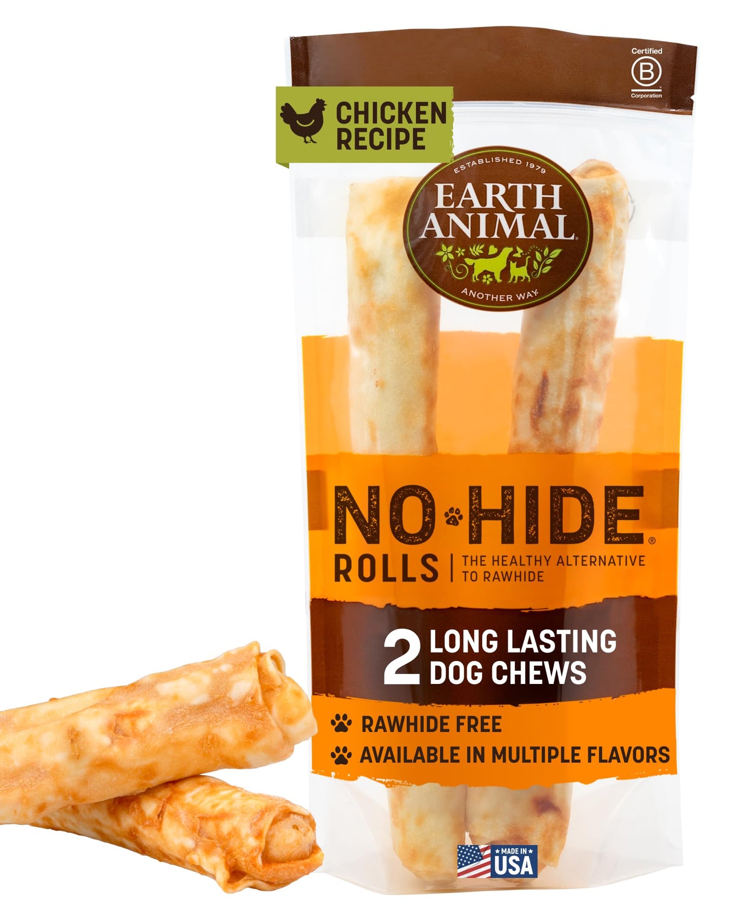 Earth Animal No Hide Large Chicken Flavored Natural Rawhide Free Dog Chews Long Lasting Chew Sticks | Treats for Large Dogs | Great for Aggressive Chewers - 2 Count