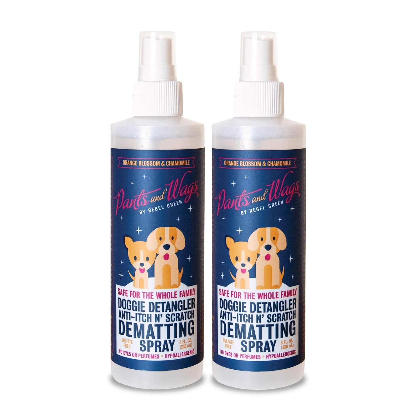 Rebel Green Pants & Wags Anti-Itch & Scratch Dematting Spray - Dog Hair Detangler - Orange Blossom & Chamomile - Hypoallergenic - No Dyes or Perfumes - 8 oz - 2 Pack
