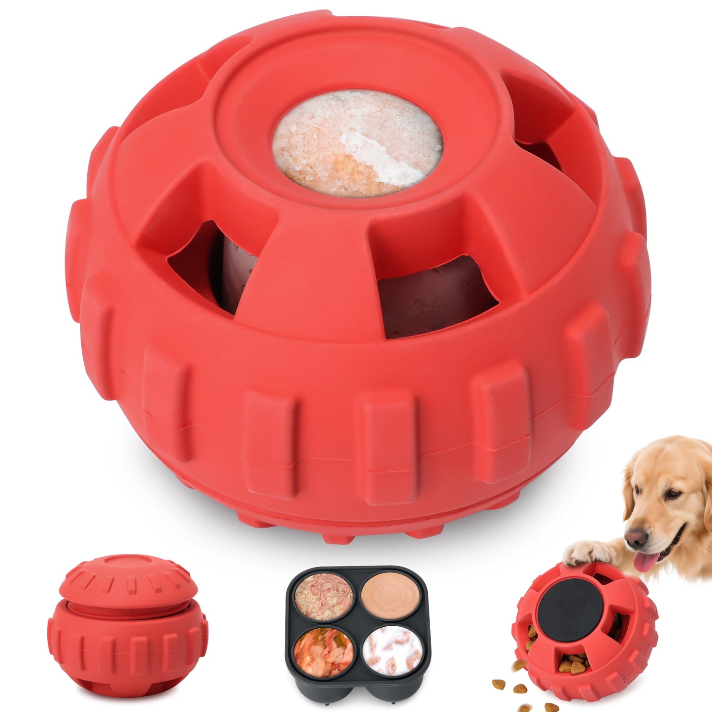 PetZee Frozen Treat Dispensing Dog Toys to Keep Them Busy,Dog Enrichment Toys for Natural Rubber-Stuffable Ball,Dishwasher Safe,Red,M