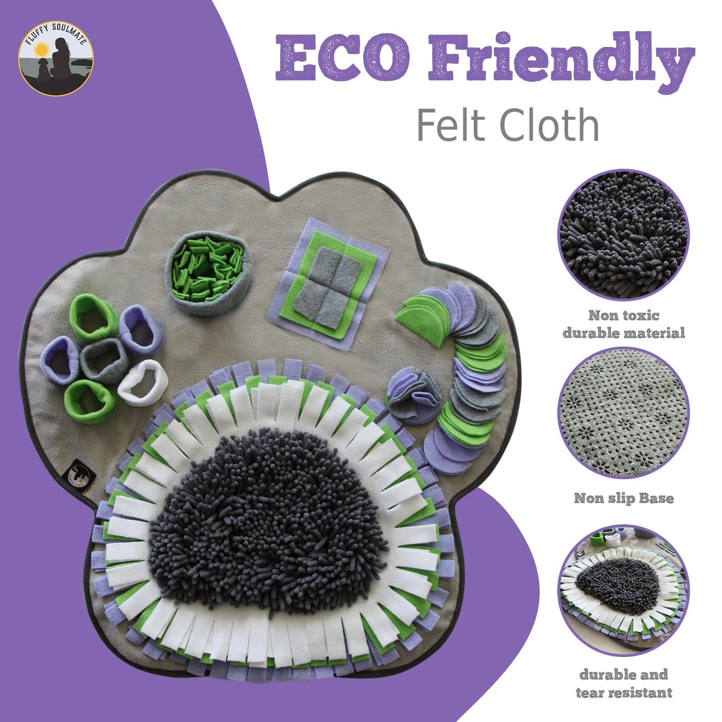 Fluffy Soulmate Paw Shaped Snuffle mat 29"x29" for Small, Medium, Big Size Dogs, Cats; Interactive Slow Feeding Sniffing mat for Mental Stimulation, Puzzle Toy for Encourages Natural Foraging Skills