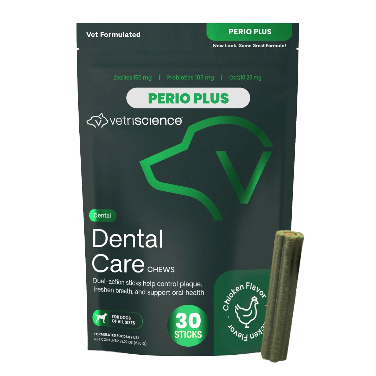 VetriScience Healthy Mouth Dental Chews, Perio Plus Sticks for Dogs, with Probiotics, Spirulina & Zeolites, Breath Freshening, Plaque & Tartar Control, Chicken, 30 Count
