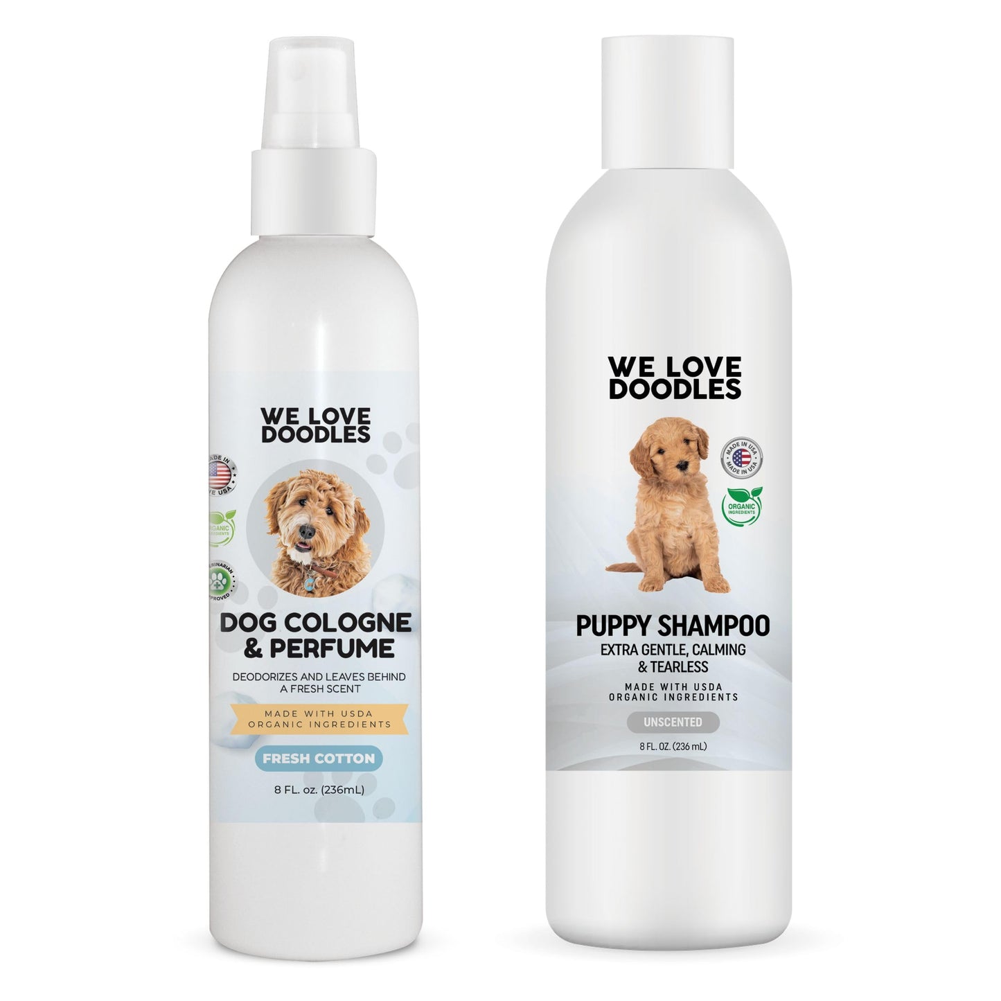 We Love Doodles Puppy Shampoo & Conditioner and Dog Cologne | Organic Ingredients | Sensitive & Itchy Skin Wash | Long Lasting After Bath | Puppies Odor Eliminator Spray | Made in USA