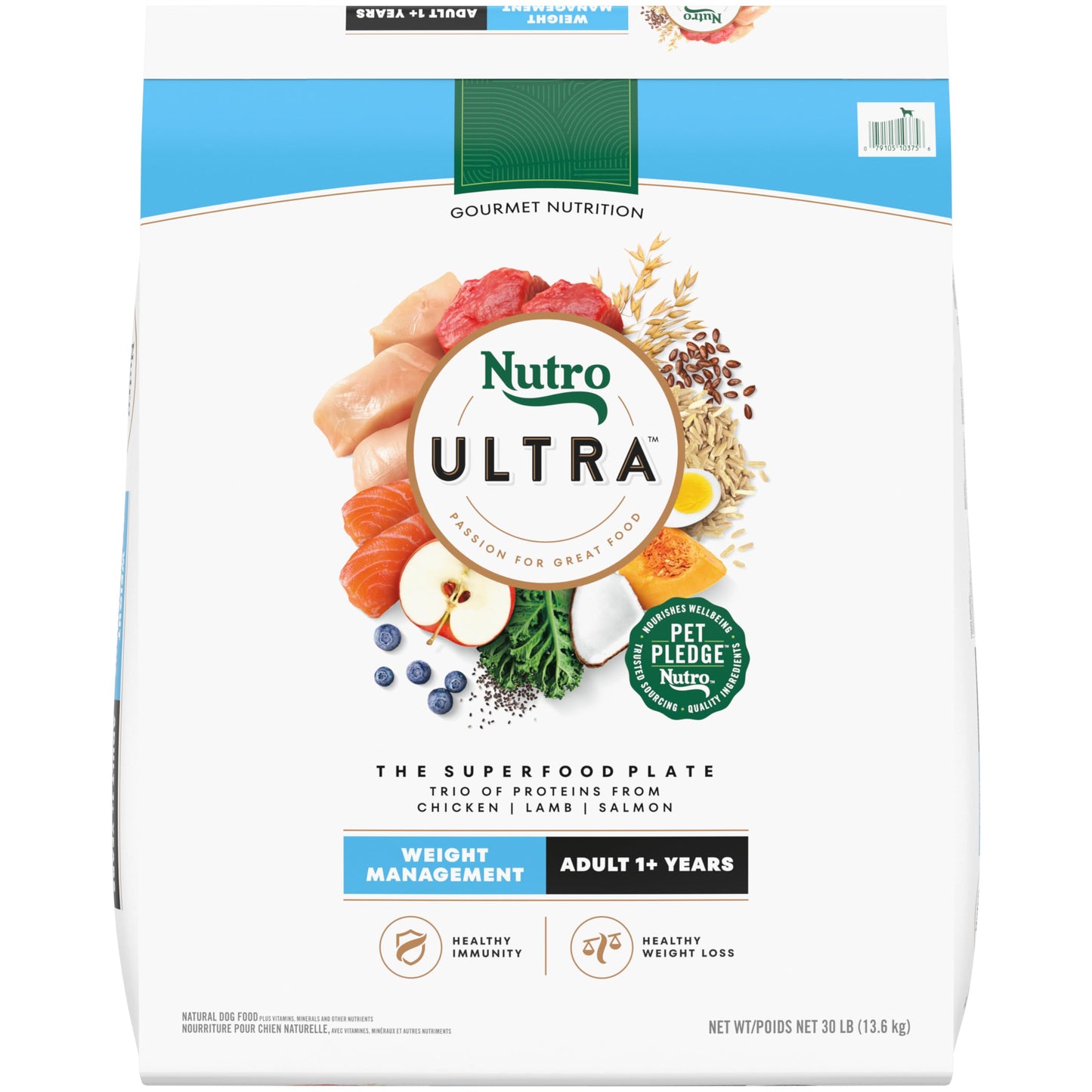 Nutro Ultra Adult Weight Management Dry Dog Food, Chicken, Lamb and Salmon Protein Trio, 30 lb. Bag
