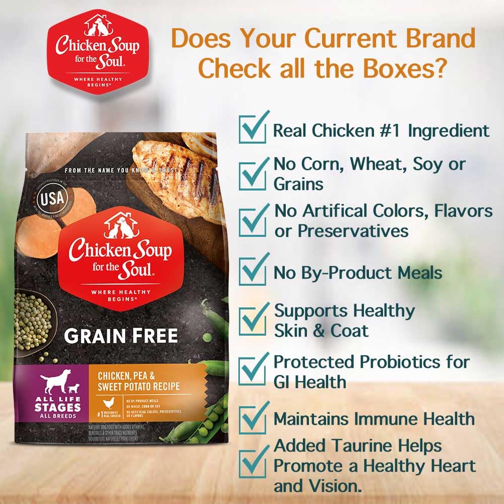 Chicken Soup for the Soul All Natural Premium Grain-Free All Life Stage Dry Dog Food, Real Meat First Ingredient, No By-Products, Added Taurine Supports Heart Health, Chicken, Pea & Sweet Potato, 22lb