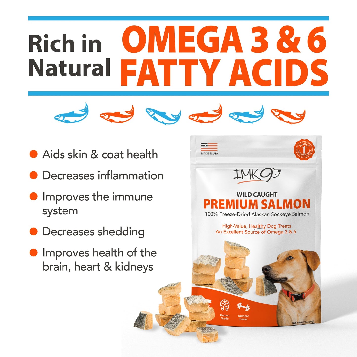 Freeze Dried Salmon Dog Treats – All Natural Dog Treats, Healthy Protein, High Value Training – Omega 3-6 Fish Oil - 100% Pure Fish with Skin, Wild Caught - Single Ingredient, Grain Free - Made in USA