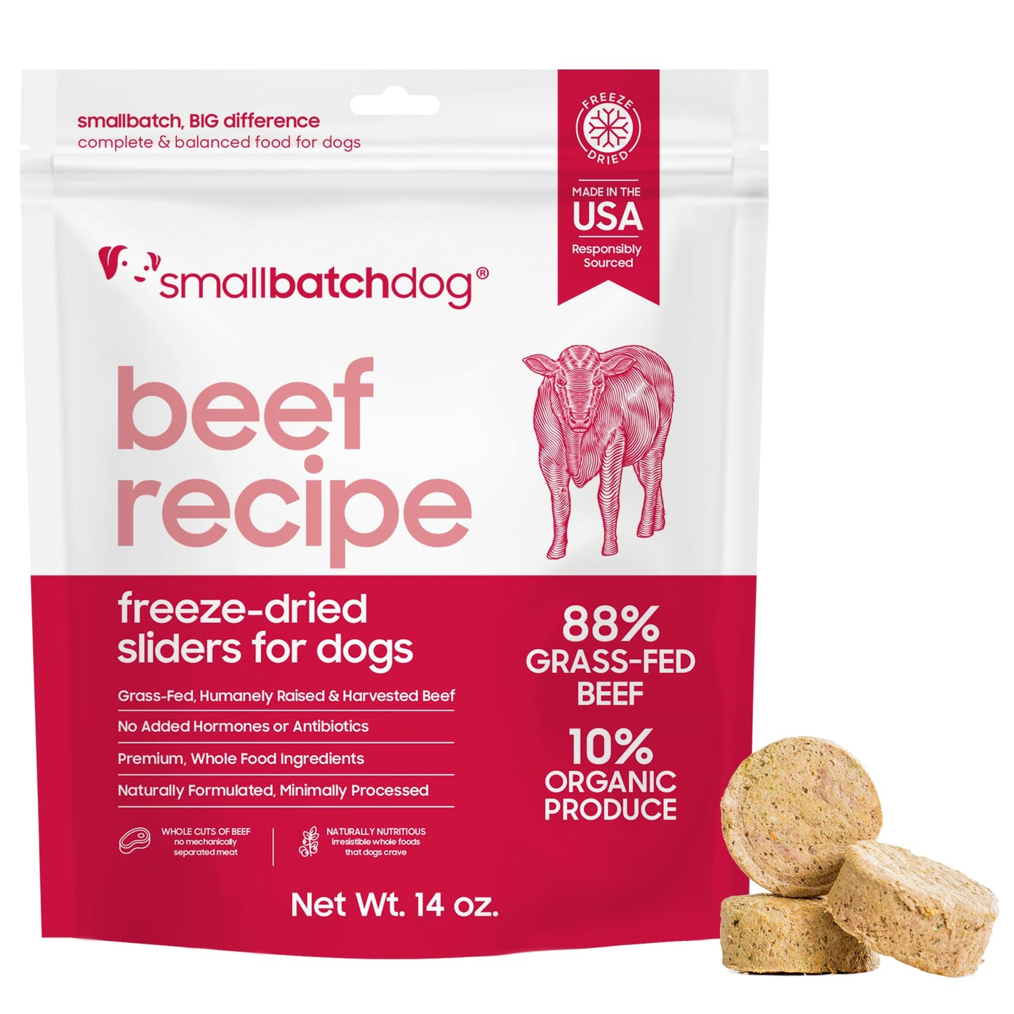 smallbatch Pets Freeze Dried Raw Dog Food, Beef Recipe, 14 oz, Organic High Protein Dog Food, Grain Free, Made in The USA, Humanely Raised Meat, Single Protein, for Picky Eaters, Hydrate & Serve