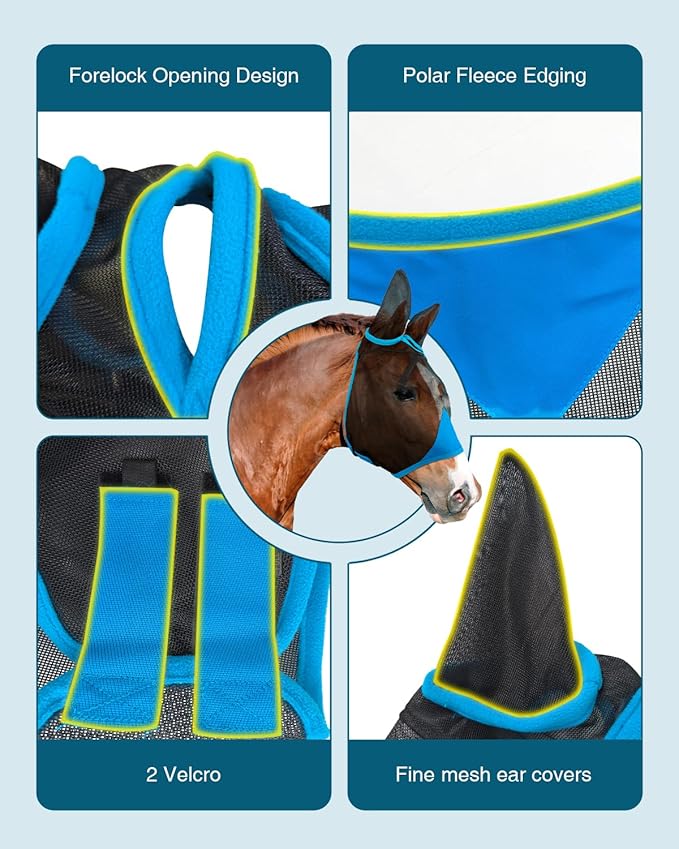 Hilltown Adjustable Fly Mask for Horse with Ears - UV-Block, Large Eye Space, Breathable, Built to Last, Comfort Fit - Horse Fly Mask for Daily Stable, Hot Weather Riding & Competition - Cob, Blue