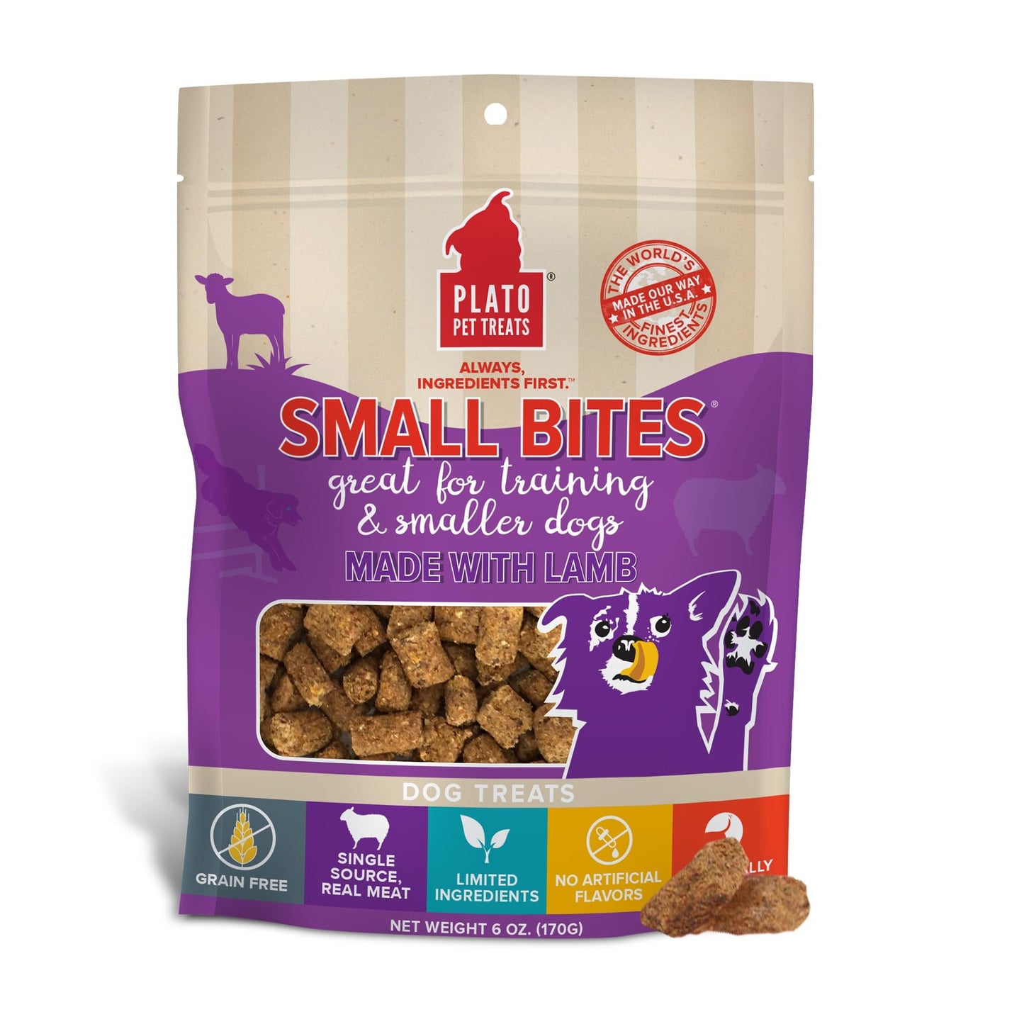PLATO Pet Treats Small Bites - Air-Dried Training Treats for Dogs - Supports Healthy Digestion - Limited Ingredients - Lamb 6oz