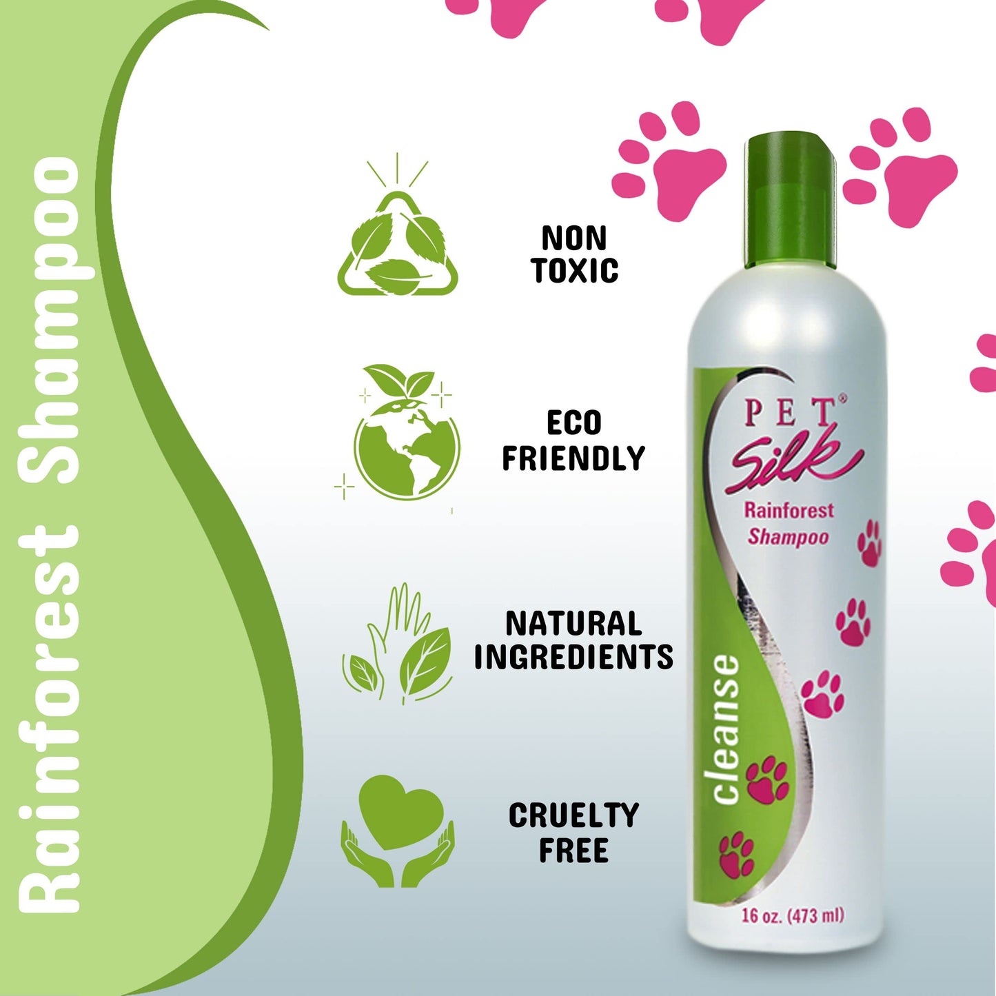 Pet Silk Rainforest Clean Scent Shampoo 16oz, Long-Lasting Fragrance for Your Pet's Coat, Cleanser for Both Dogs and Cats, Infused with Vitamin E, Gentle & Safe for Your Pet's Skin and Coat!