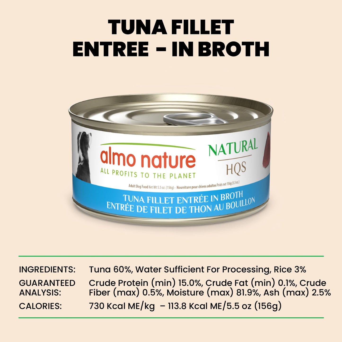 almo nature HQS Natural Wet Dog Food Tuna Fillet Entrée, Grain Free, Additive Free, Low Fat, GMO Free, 5.5oz Pack of 12