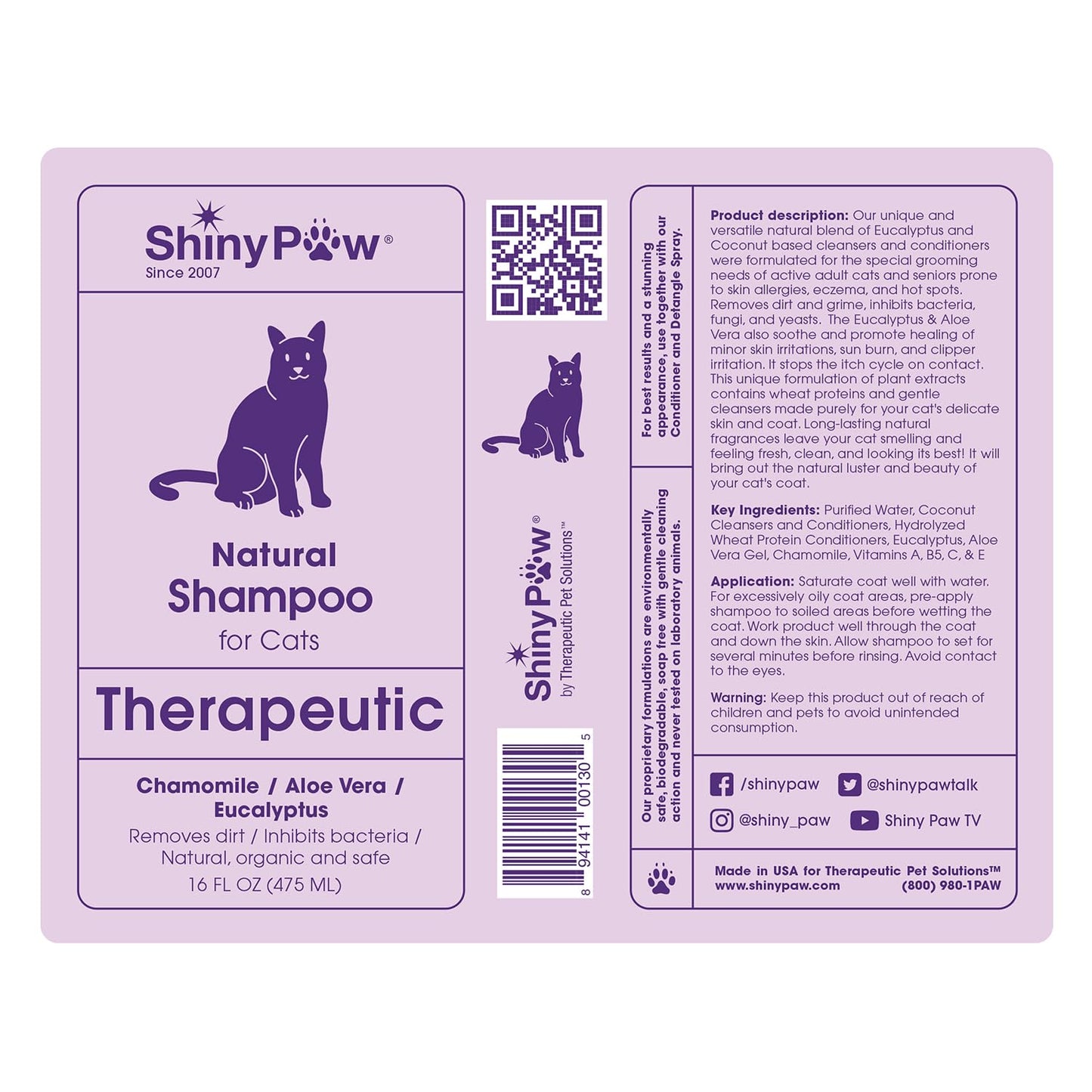 Natural Cat Shampoo for Itchy Skin with Chamomile, Aloe Vera & Eucalyptus by Shiny Paw 16 oz | Hypoallergenic Feline Shampoo for Sensitive Skin Itch Relief | for Adult & Senior Cats | Made in USA