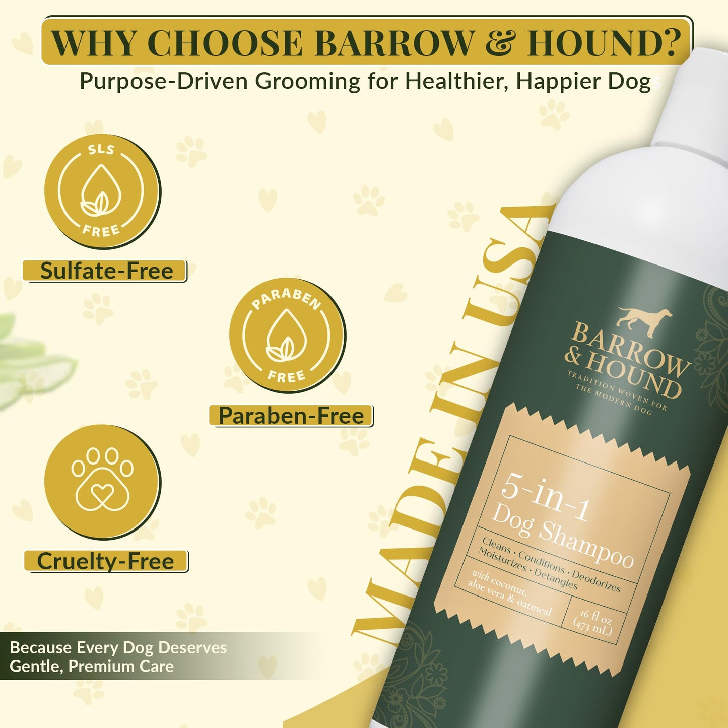 Barrow & Hound 5-in-1 Dog Shampoo & Conditioner – Natural, Tear-Free, Hypoallergenic Formula for Itchy & Smelly Dogs | Oatmeal, Aloe & Coconut | Safe for Puppies & All Breeds | Made in USA