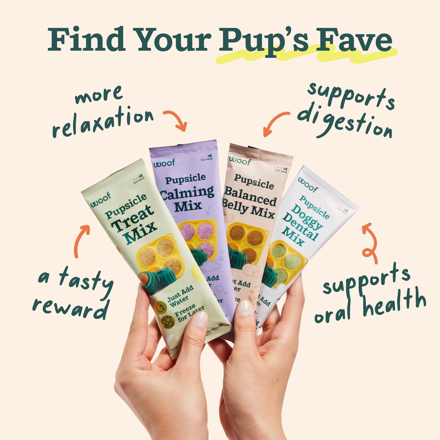 WOOF Pupsicle Mix Sample Pack - Easy-to-Make DIY Pupsicle Refills - Delicious Mix for The Pupsicle Interactive Dog Toy - with Bacon & Cheese, Calming, Balanced Belly, and Dental Mix - 4 Pack Sampler