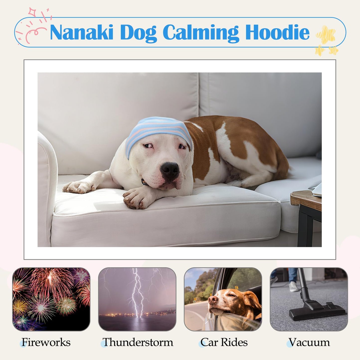 Nanaki Calming Hoodie Dog Grooming Ear Cover Anxiety Relief-No Shake Dog Ear Wrap Hematoma, Striped Head Wrap Snoods for Noise Protection, Bath, Fireworks, Thunderstorm, Blow Drying, Warm-Keeping
