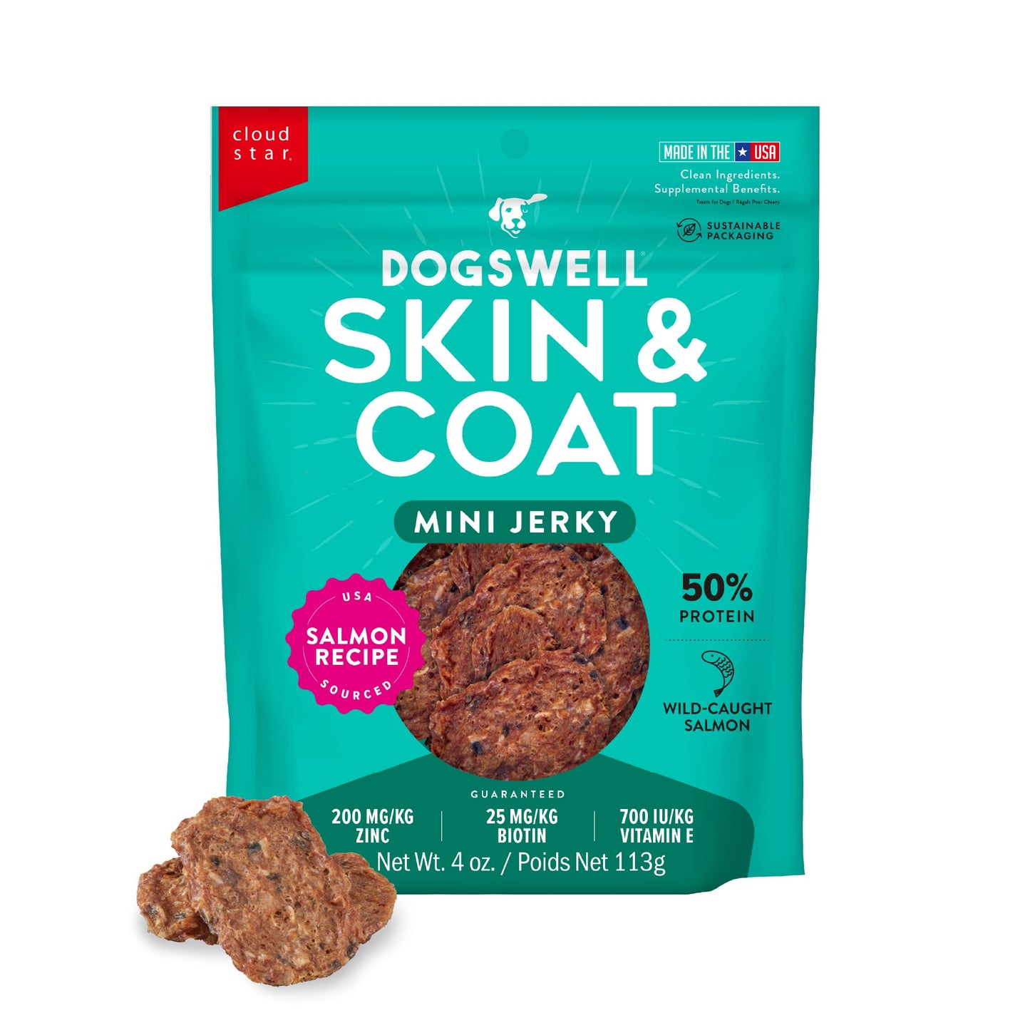 Dogswell Skin & Coat Mini Jerky Dog Treats, Salmon, 4 oz. Bag