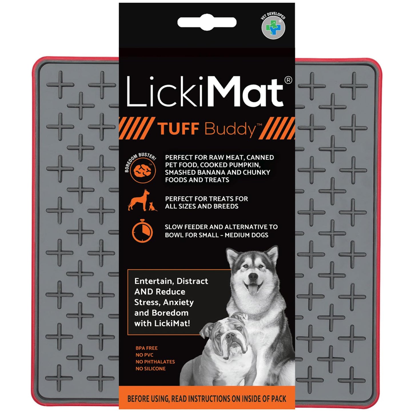 LICKIMAT Tuff, Heavy-Duty Buddy, Dog Slow Feeder Lick Mat, Boredom Anxiety Reducer; Perfect for Food, Treats, Yogurt, or Peanut Butter, Fun Alternative to a Slow Feed Dog Bowl, Red