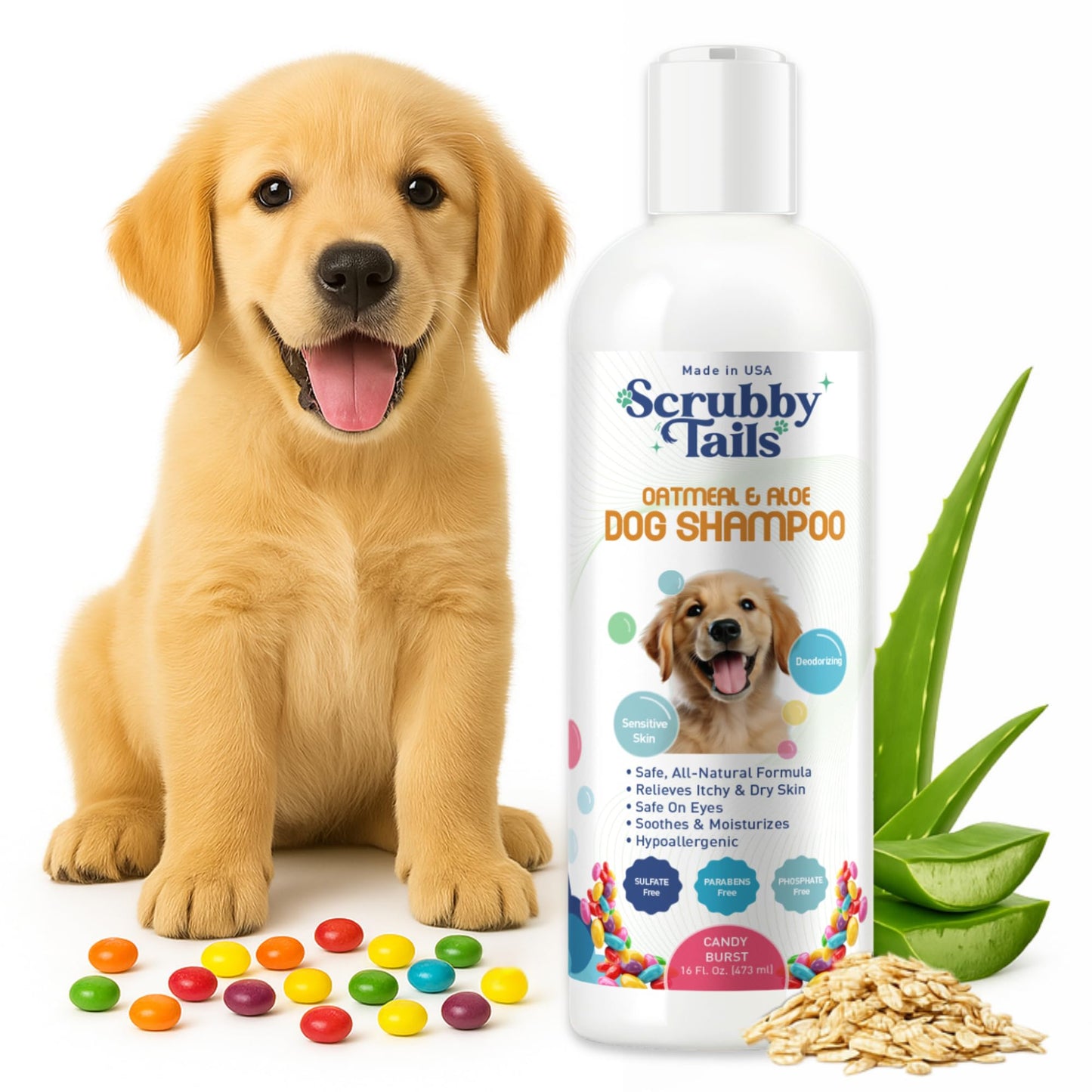 Scrubby Tails Organic Dog Shampoo - Puppy Oatmeal Shampoo for Itchy Skin Relief - Hypoallergenic for Sensitive Skin, for Dogs of All Ages, Deodorizes, Tearless, Made in USA, 16oz (Candy Burst)