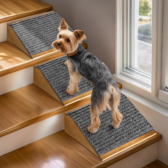Dog Ramp for Stairs, Non-Slip Dog Stairs, Low-Angled Pet Ramps for Small Dogs and Cats, Medium Dogs, Step and Stair Assist for Injured and Older Pet, Walnut, 4 Pack