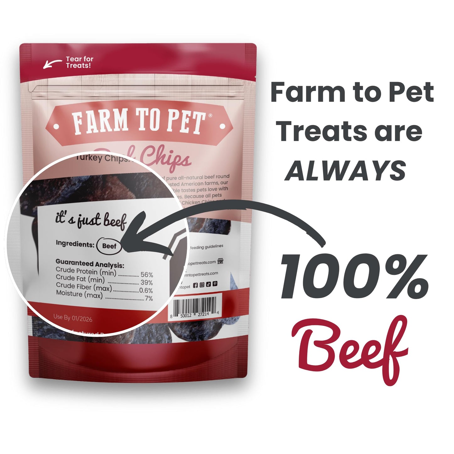 Farm To Pet - Dog Training Treats - 4 oz Beef Chips, Single Ingredient, Lean, All Natural, Healthy Treats for Small, Medium, Large Dog Breeds, & Puppies, Made in USA