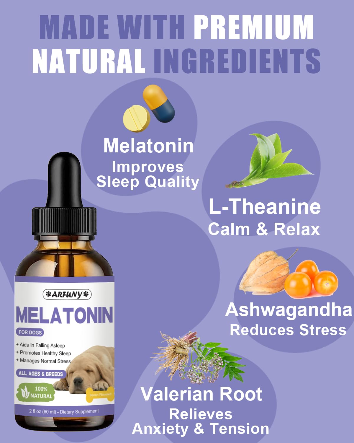 Melatonin for Dogs - Natural Calming Drops for Anxiety & Stress - with Valerian Root, Ashwagandha, L-Theanine - Liquid Melatonin for Dogs Helps with Sleep, Thunder, Fireworks - Bacon Flavor