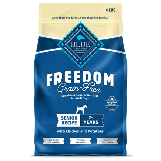 Blue Buffalo Freedom Grain-Free Senior Dry Dog Food, Provides Energy To Stay Active, Made in the USA With Natural Ingredients, Chicken & Potatoes, 4-lb Bag