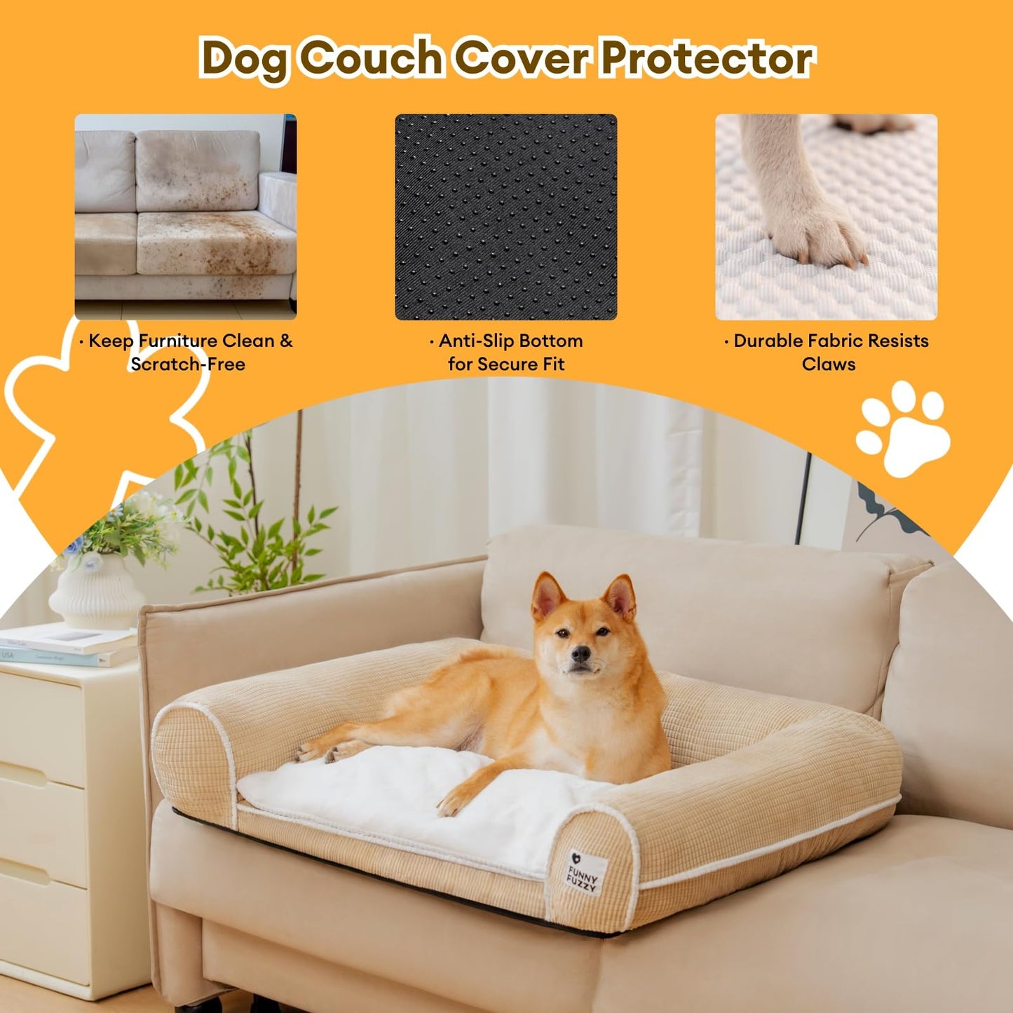 FUNNY FUZZY Orthopedic Dog Bed – Washable Dog Bed with Double Layer Plush Cushion Sofa Style Design with Bolstered Sides for Small Medium & Large Dogs Removable Cover M Size (23.6"x19.7"x6.9") Beige
