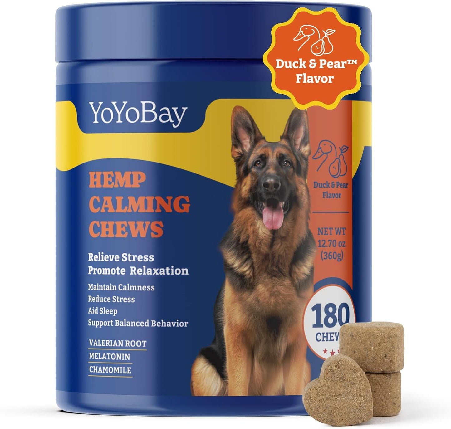 YoYoBay Calming Chews for Dogs - Dog Calming Chews for Anxiety Relief, Separation Aid, Travel, Thunderstorms - 180 Soft Chews, Duck & Pear Flavor - with Valerian Root, Melatonin, Hemp Oil