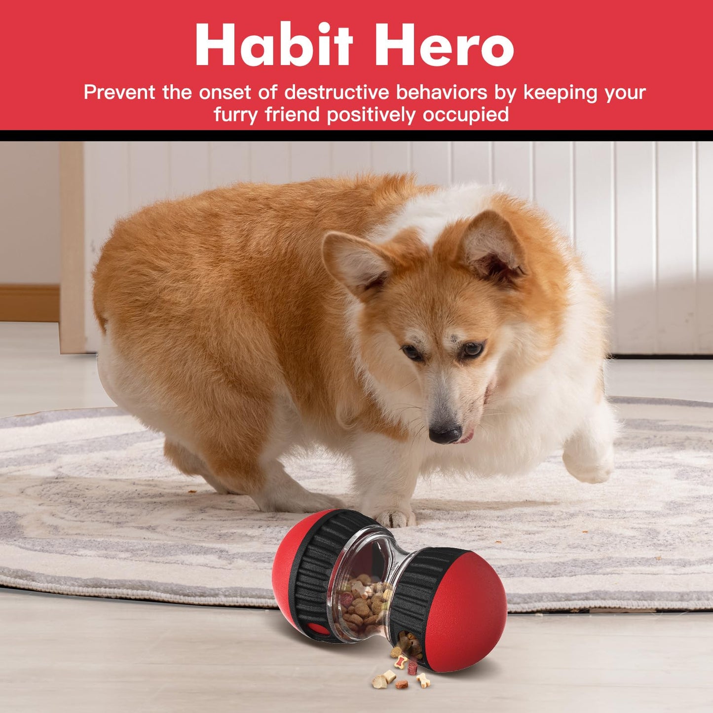 Dog Puzzle Toy for Anxiety Relief - Adjustable Treat Dispensing Ball with Slow Feeder Design, Tough Bite-Resistant Interactive Chase Toy, Enrichment Training Games for Small/Medium/Large Dogs (Red)