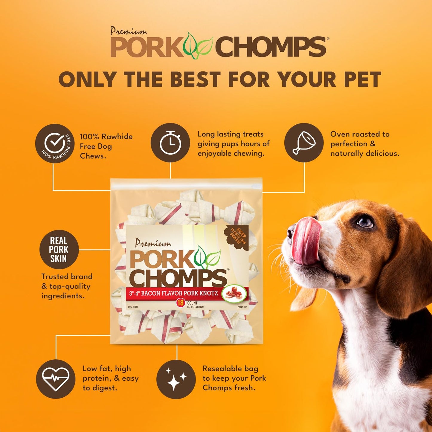 Pork Chomps Baked Pork Skin Dog Chews, 3-inch Knots, with Bacon Flavor Strip, 18 Count