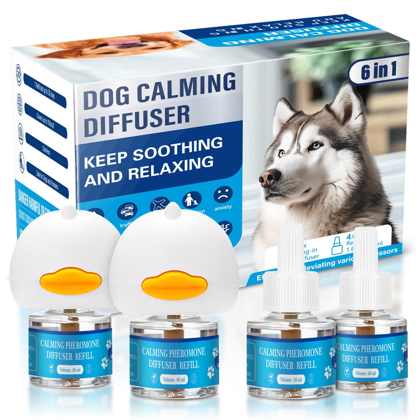 Dog Calming Pheromones Diffuser 6 in 1 Kit Appeasing Pheromone Diffuser to Calm (2 Plug in+4 Pack 48ml Refill) for Anxiety Relief Reduce Aggression Fighting Barking Stress 120 Day Supply(Tasteless)