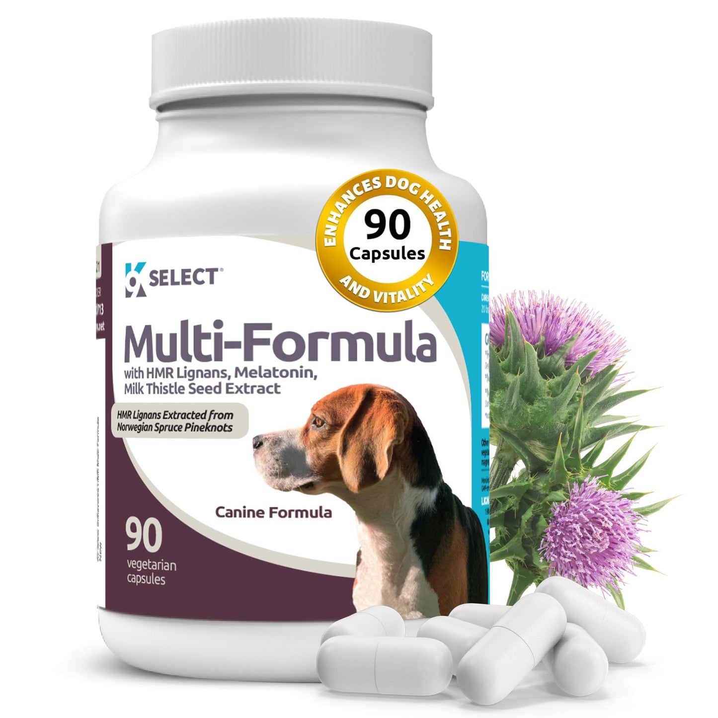 K9 Select Multi-Formula Dog Vitamins for Medium Dogs - 20mg HMR Lignans, 2mg Melatonin, 40mg Milk Thistle - Helps Heart, Liver, Digestion & Coat Health, Dog Multivitamin, 90 Capsules