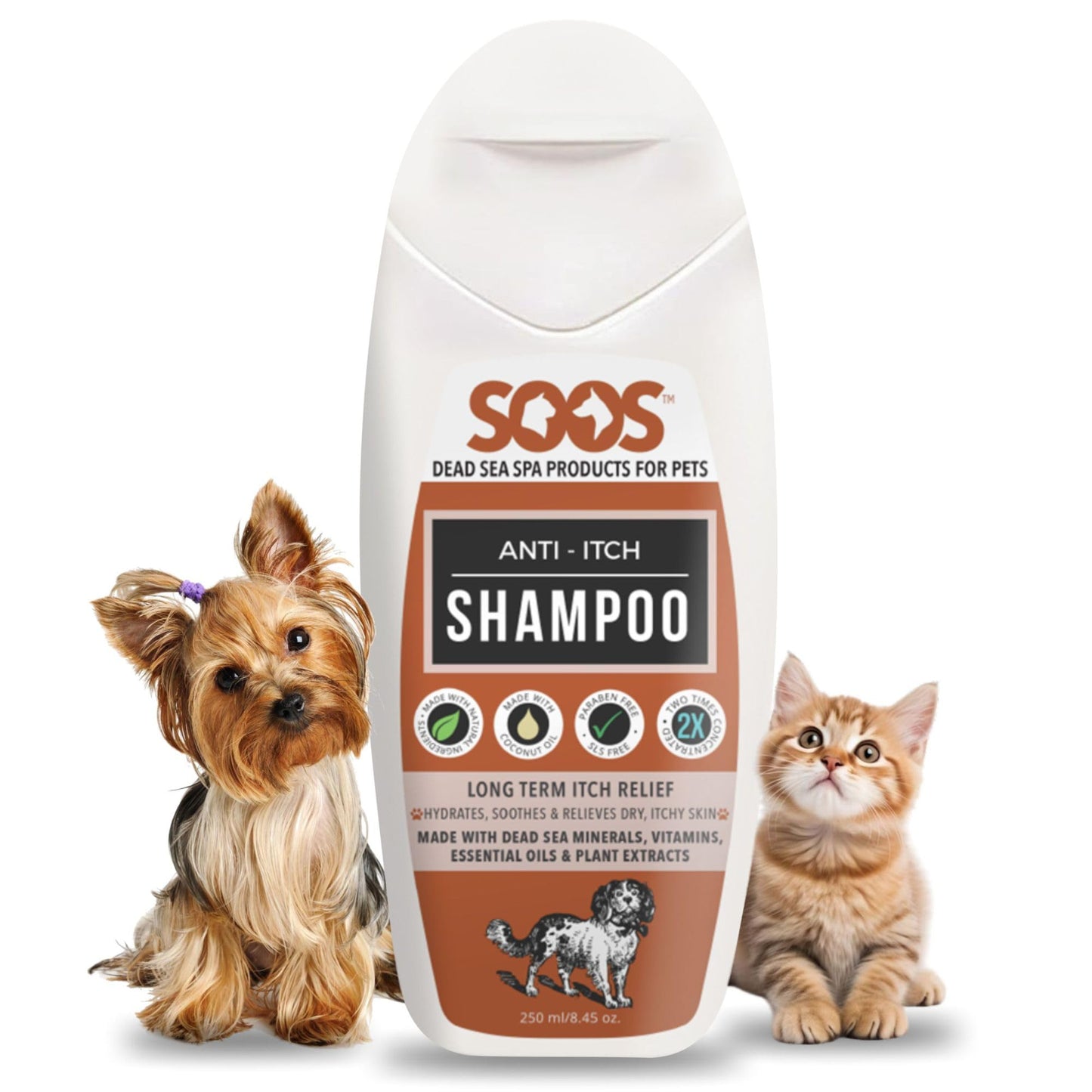 Soos Pet Shampoo Anti-Itch Cat and Dog Shampoo Dead Sea Minerals Fast Absorbing Soothes Itching Clean Fur with Vitamins Essential Oils Natural Ingredients - 1x Bottle (250ml)