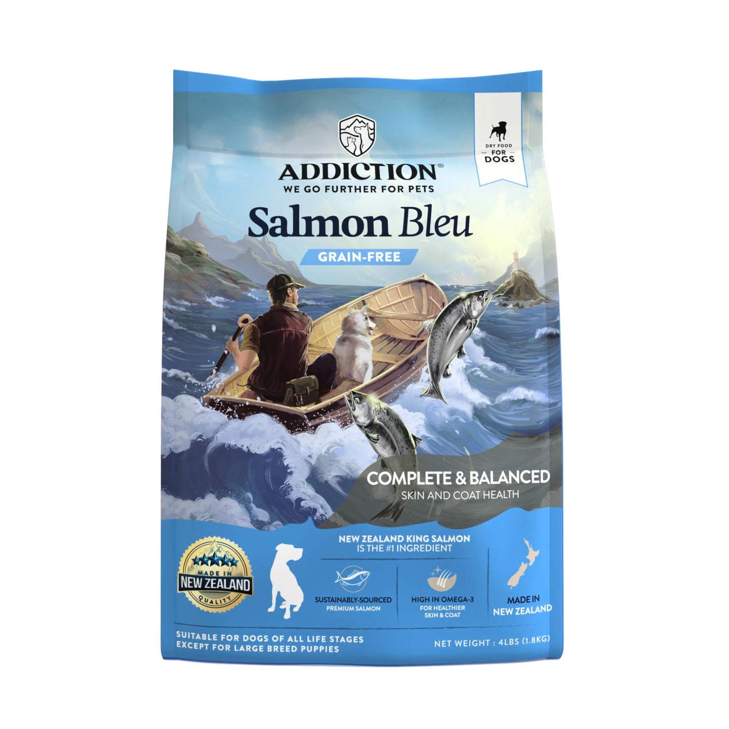 Addiction Salmon Bleu Grain-Free Dry Dog Food - Rich in Prebiotics to Support Skin, Coat & Cognitive Health - Salmon Recipe for All Dog Life Stages - Made in New Zealand 4 lb