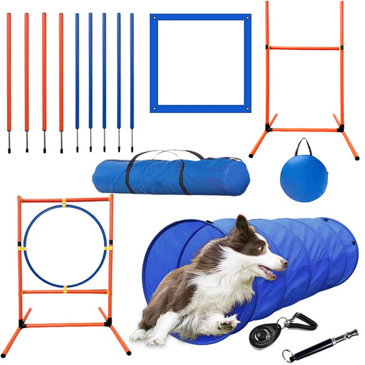 Kvittra Dog Agility Training Equipment Set, Obstacle Course Starter Kit for Pet Outdoor Games With Tunnel, Weave Poles, Adjustable Hurdle, Jump Ring